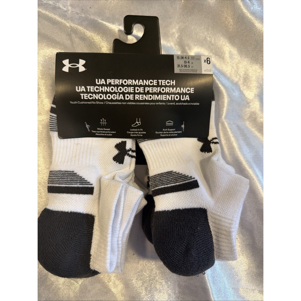 Under Armour Performance Tech No Show Socks Unisex Kids White 6 Pack 13.5K-4.5